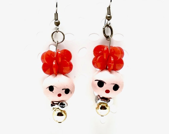 Vintage Doll Head Earrings Wood Bead Heads with Hand Painted Faces Plastic Gold Silver Beads Red Flower Beads Kitsch Handmade Dangle Earring