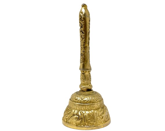 Vintage Sanctuary Bell with Handle Gold Tone Hand Bell Cast Brass Biblical Scenes Leo Lion Eagle Lamb of God Pelican Church Altar Bell 60s