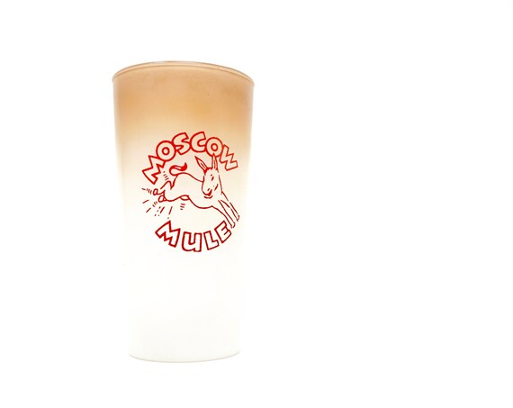 Vintage Moscow Mule Glass Frosted Libbey Glassware Tumbler Brown Ombre White Red Kicking Mule Graphic 1950s Moscow Mule Hi Ball Mid Century
