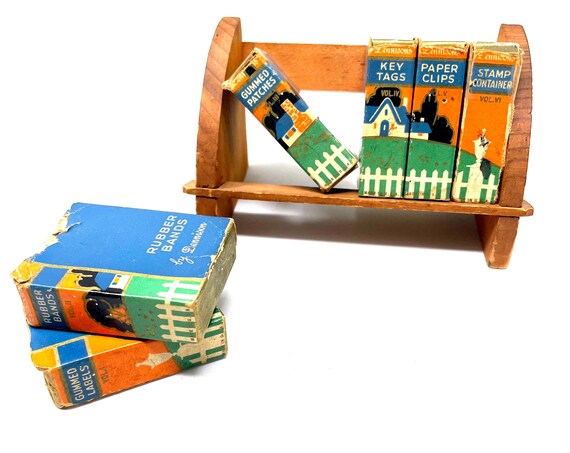 Vintage Dennison Desk Organizer Miniature Bookshelf For Desktop Office Supply Organizer Book Containers Tiny Wood Shelf 1940s Mini Library