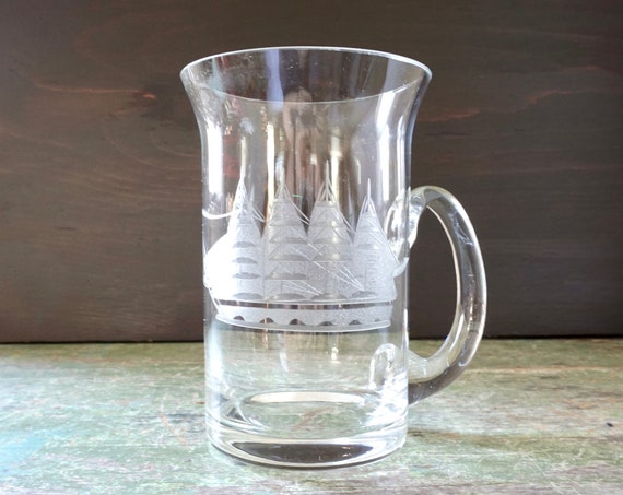 Vintage Glass Mug Etched Schooner Boat Large Clear Glass Stein Tall Ship Frosted Design Glass Handle Nautical Coffee Cup Tea Mug Mast Ship