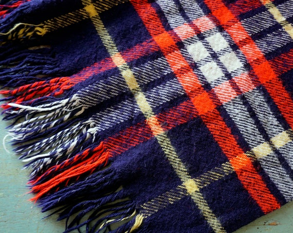 Vintage Plaid Throw Blanket Navy Red Yellow Acrylic 50’s Carldyke Coronet Baby Blanket Fringed Edge Lap Blanket Wool Look