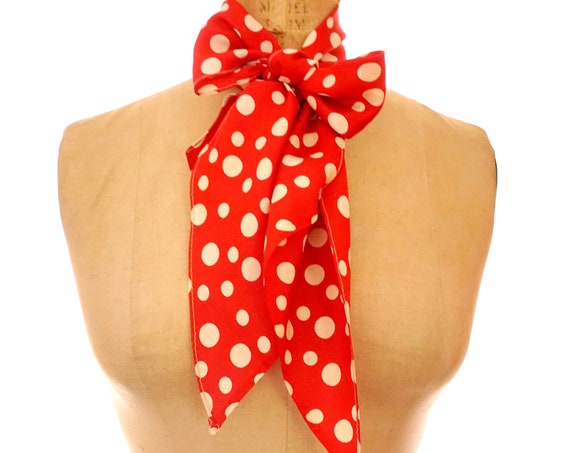 Vintage Scarf Red Polka Dot Off White Crimson Long Silk Scarf Dots Print Retro Rockabilly Pin Up Perfect As Head Scarf Headband Scarf Belt