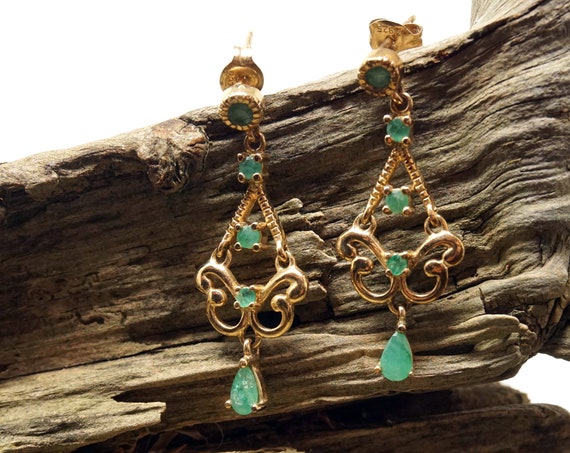 Vintage Green Stone Earrings Gold Toned Silver Dangling Earring Pair Faceted Polished Adventurine Small Chandelier 925 Sterling Brushed Gold