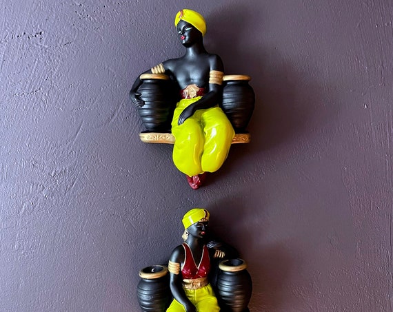 Vintage ABCO Wall Hangings Arabian Figures by Alexander Backer Wall Vases Chartreuse Red Black Hand Painted Chalkware Set of 2 Wall Art '40s