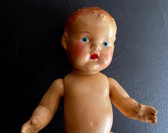 Vintage Baby Doll 16" Composition Doll Articulated Antique Doll Hand Painted Face Blue Eyed Baby Molded Hair Creepy Babydoll Salvaged 1940s