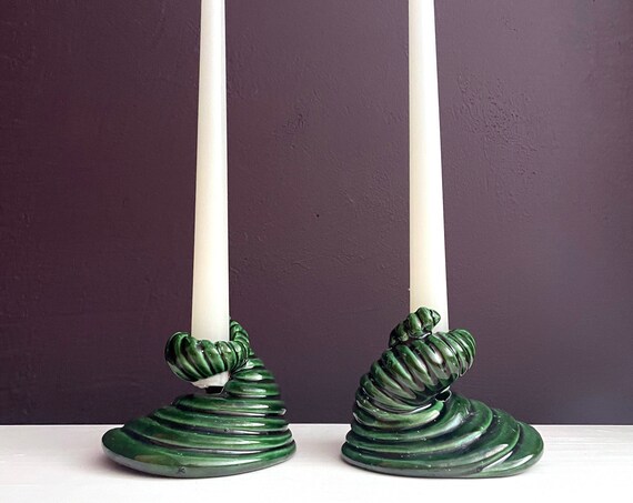 Vintage Candle Holders Green Ceramic Swirls Taper Candleholder Pair Glazed Pine Green Holiday Table Setting Fir Green Pottery Candlesticks