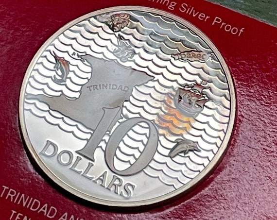 Vintage Rare Coin 1973 Trinidad and Tobago National Arms Ten Dollar Coin 925 Sterling Silver Proof Coin Franklin Mint Uncirculated Ungraded
