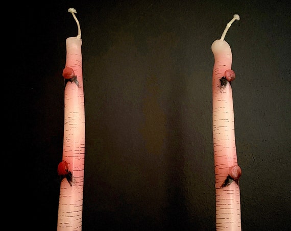 Vintage Taper Candles Pink Birch Logs Wax Branch Tapers with Original Box 1950s Tapers by Mathieu Rare