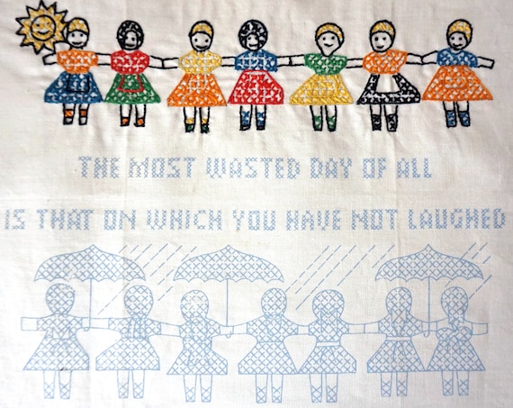 Vintage Cross Stitch Unfinished Girls Holding Hands Positivity Inspirational Saying Laughter Wall Sign 1970s Columbia Minerva Erica Wilson