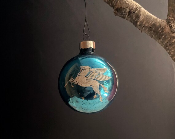 Vintage Mobil Gas Ornament Very Rare Pegasus Glass Ball Turquoise Blue Foil w/ White Flying Horse Logo Mobil Gasoline Collectible Tree Bulb