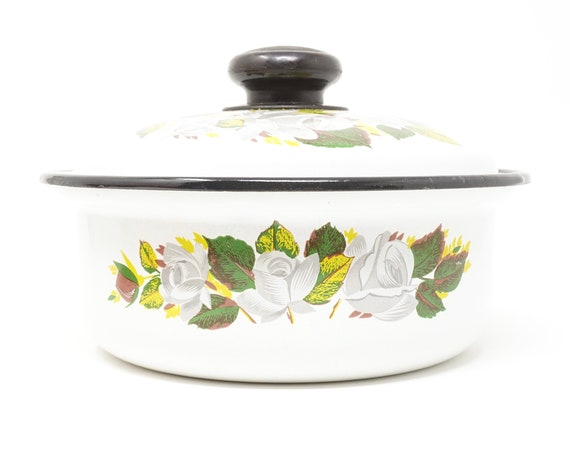 Vintage Enamel Pot Roses Design White Small Shallow Stock Pot w/ Lid Grey Rose Blossoms Green Leaves Black Rim Knob Enameled Casserole Rare