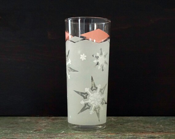 Vintage Snowflakes Glass Frosted Pink and White Hi Ball 50s Glassware Geometric Snow Flake Design Pink Diamonds Collins Glass Winter Tumbler