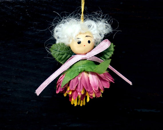 Vintage Fairy Ornament Flower Fairy White Hair Handmade Wood Face Silk Flower Body Purple Skirt Leaf Wings Lavender Ribbon Woodland Holiday