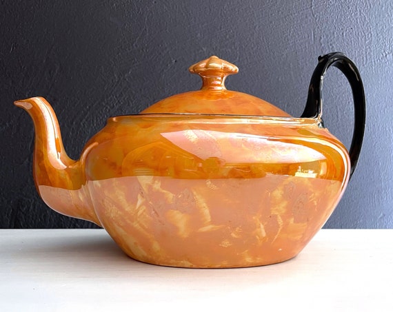 Vintage Teapot Lusterware Orange Black Handle Oblong Tea Pot with Lid Peach Lustre Ware Made In Czechoslovakia 1930s Likely Phoenix China