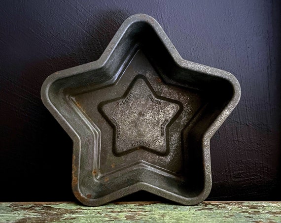 Vintage Star Mold Tin Cake Pan Star Shaped Gelatin Salads Puddings Cake Desserts Labeled Jello Mould Star Shape Baking Dish Rustic Metal