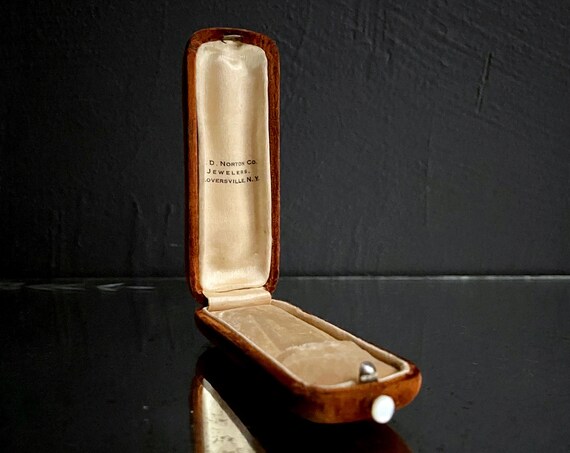 Vintage Jewelry Box Stick Pin Holder Brown Velvet Box Tie Bar Hat Pin Oblong Narrow Case Push Clasp A.D. Norton Co. Jewelers Gloversville NY