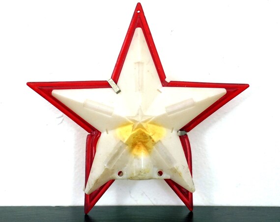Vintage Star Celluloid Tree Topper 1950s White Red Star Bulb Cover For Top Of Christmas Tree No Wiring As Is 3 Dimensional Hollow Plastic