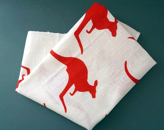 Vintage Kangaroo Tea Towel Red Printed White Linen Designed in Australia By Heil Printed In Poland Unused Original Label Royal National Park