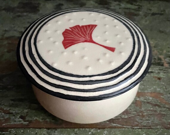 Vintage Gingko Pottery Container w/ Lid Handmade Pottery Bowl w/ Cover Coral Red Black Black Bands Off White Glaze Dotted Texture Stash Box