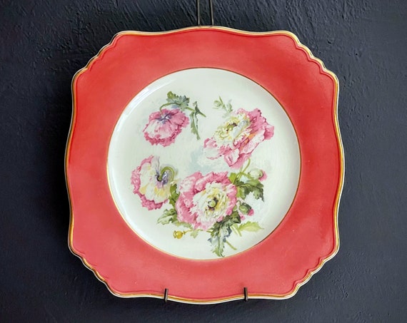 Vintage Plate Floral Motif Dark Pink Royal Winton Grimwades Pottery Transferware Burgundy Border Scallop Edge Dinner Plate Wall Hanging Dish