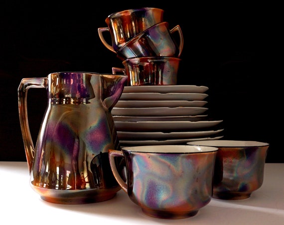 Vintage Lusterware Dinnerware Orange Purple Pitcher 5 Cup and Saucer Sets 6 Dessert Plates LDB Co Germany 1930s Luster Porcelain Tea Serving