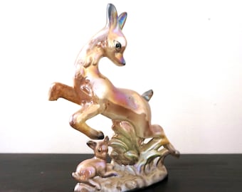 Vintage Deer Lusterware Porcelain Prancing Deer Baby Doe Figurine 1950s Kitsch Iridescent Glazed Italian Ceramic Marked Cemas DAMAGED AS IS