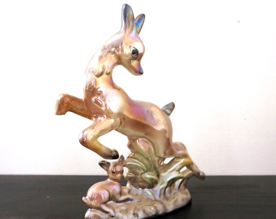 Vintage Deer Lusterware Porcelain Prancing Deer Baby Doe Figurine 1950s Kitsch Iridescent Glazed Italian Ceramic Marked Cemas DAMAGED AS IS