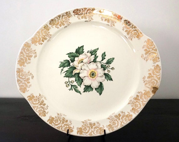 Vintage Magnolia Platter Round with Handles Earlton 22 Karat Gold Rim Floral Design 1950s China Serving Cake Plate Off White Green Transfer