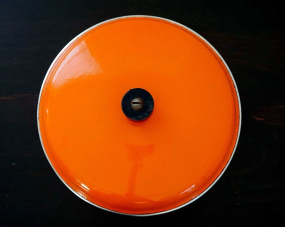 Vintage Pot Lid Orange Enameled Domed Lid 7” Diameter Black Knob Beige Speckle Interior Enamel Cookware Replacement Lid Knob Likely Bakelite