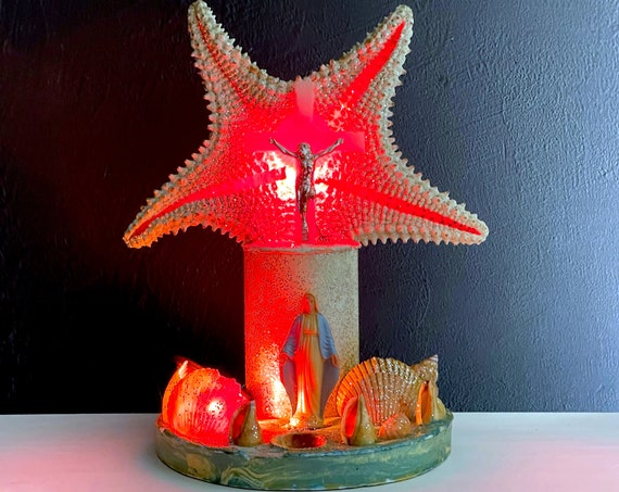 Vintage Religious Accent Lamp OOAK Catholic Kitsch Virgin Mary Light '50s Handmade Starfish and Shell Decoupage Nautical Jesus Lamp Crucifix
