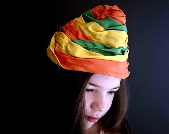 Vintage Orange Hat Yellow Green Stripe Women's Cloche Draped Fabric Brightly Colored 50s Coolie Miss Sally Victor Hat Quirky Headpiece