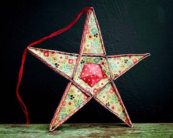 Vintage Paper Star Ornament Handcrafted Folded Paper 5 Point Star 3 Dimensional Tiny Daisy Floral and Polka Dot Paper Craft Fun Multicolor