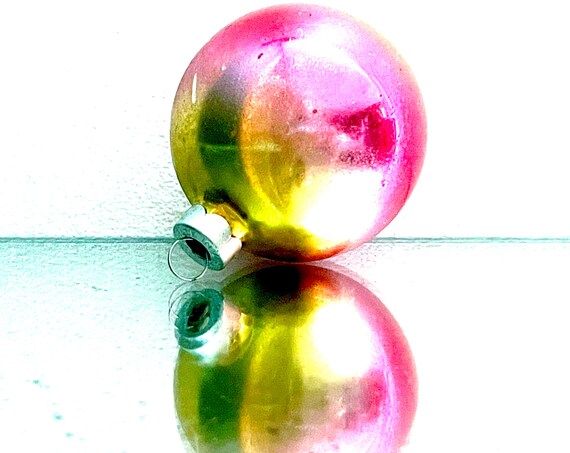 Vintage Ombre Ornament Glass Ball Silvered Pink Yellow Gold Sunset Colors Christmas Tree Trim Mid Century Holiday Decoration Retro Bulb
