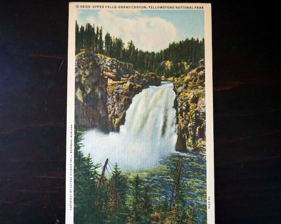 Vintage Postcard Yellowstone National Upper Falls Grand Canyon Wyoming Photo 40s Genuine Curteich-Chicago C.T. Art Colortone Post Card 39128