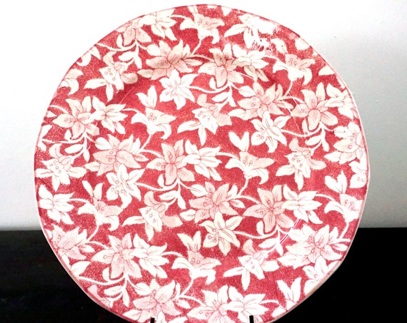 Vintage Pink Plate Lily Pattern Romarco Ware Dish Cranberry Red Background Allover Cream Lilies Transferware China Rare England 40s