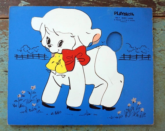 Vintage Wood Puzzle 60s Playskool Lamb Illustration Puzzle Blue Background Nursery Rhymes Mary Had a Little Lamb Board Puzzle Missing Pieces