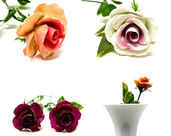 Vintage Porcelain Roses 5 Assorted Color Rose Bone China Flowers Plastic Stem Green Leaves Valentine's Day Rose Faux Bouquet Sanford England