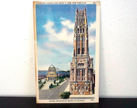 Vintage Postcard NYC Riverside Church Grant's Tomb GW Bridge New York City Photograph Colourpicture Image 1940s Unused Linen Post Card K4828