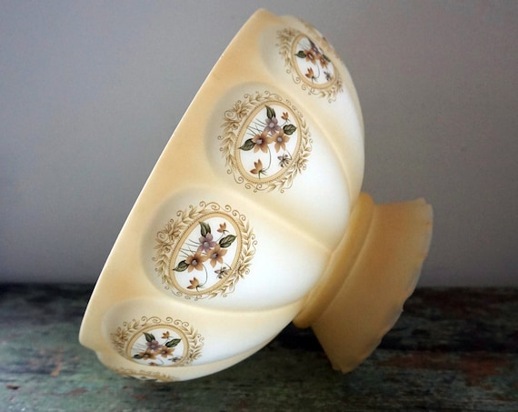Vintage Lampshade Glass Painted Brown Floral Frosted Beige Scallop Edge Melon Shape Shade for Hanging Oil Lamp Replica 70s Victorian Look