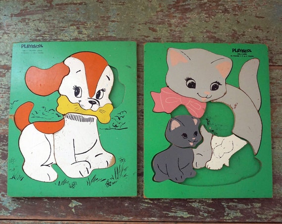 Vintage Wood Puzzles 1960s Playskool Puppy Illustration Puzzle Cat With Kittens Painted Green Board Puzzle Preschool Toys Missing Pieces