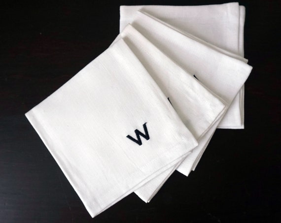 Vintage Monogrammed W Cocktail Napkins Black Embroidered Letter W On White Linen Small Square Cloth Drink Napkins Set of 4