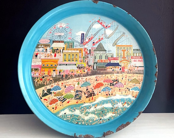 Vintage Coney Island Tray Round Tin Aqua Rim Coney Island Boardwalk Illustration Pepsi Cola Ballonoff Metal Products 1955 Brooklyn Nostalgia