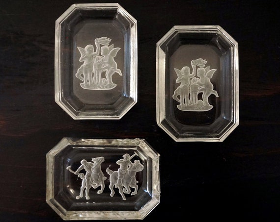 Vintage Czech Salt Cellars Cherubs & Polo Design Etched Clear Glass Tiny Dishes 30s Heinrich Hoffman Intaglio Glass Crystal Oblong Octagons