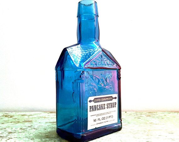 Vintage Glass Bottle Blue Mary Wheaton’s Pancake Syrup Bicentennial Commemorative House Shape Maple Syrup Bottle Blue Glass Paul Revere 1975