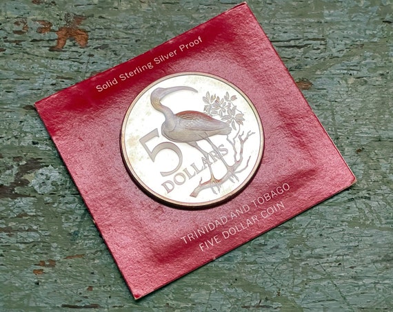Vintage Rare Coin 1973 Trinidad and Tobago Scarlet Ibis Five Dollar Coin 925 Sterling Silver Proof Coin Franklin Mint Uncirculated Ungraded