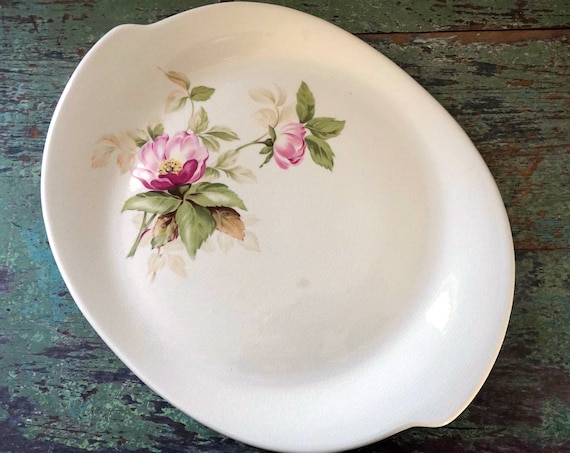 Vintage Platter Pink Rose Floral Oval Plate Asymmetrical Serving Dish by Glamour Briar Rose Pattern American Limoges China Co 50s Dinnerware