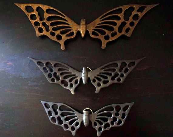 Vintage Brass Butterflies Wall Hanging Set of 3 Sizes Cut Out Metal Butterfly Graduated Sizes Family Dad Mom Baby Wall Decor 1970s Monarchs