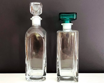 Vintage Crystal Decanters Clear Glass Square Bottles Bormioli Luigi Monet Decanter Teal Green Glass Stopper & Modernist Cube Glass Stopper