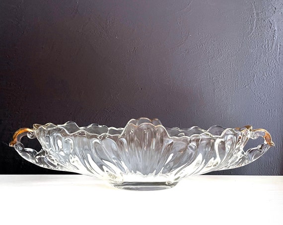 Vintage Glass Vase Oblong Scalloped Vase Handles Gold Rim Clear Glass Heavy Floral Arrangement Base Table Centerpiece Mantle Display Planter